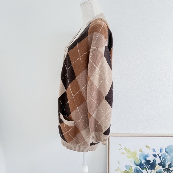 Nili Lotan Sweater Wool Cardigan Sofhie Argyle Large Brown Neutral - Picture 6 of 12